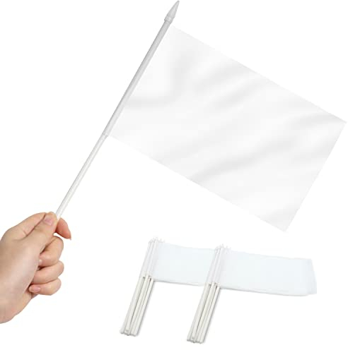Anley White Mini Flag 12 Pack - Banderas pequeñas en miniatura de mano en blanco sólido en blanco en palo - Resistente a la decoloración - 5x8 pulgadas con poste sólido y parte superior de lanza