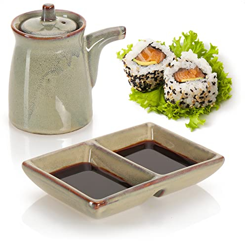 com-four® Juego para servir sushi de 2 piezas - Tazón y olla de cerámica para salsas - Vajilla de alta calidad para servir - Asiático (2 partes)