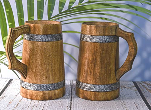 Chope à bière indienne pour lui - Style viking - 590 ml - En bois dur naturel - Cadeaux de mariage et d'anniversaire pour lui (lot de 2 tasses à bière en bois de manguier sans gravure)