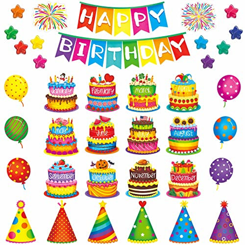 Juego de 39 tableros de anuncios de feliz cumpleaños, coloridos pasteles de decoración de cumpleaños, estrellas, fuegos artificiales, globos, sombreros de fiesta, recortes, decoraciones de aula