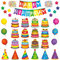 Juego de 39 tableros de anuncios de feliz cumpleaños, coloridos pasteles de decoración de cumpleaños, estrellas, fuegos artificiales, globos, sombreros de fiesta, recortes, decoraciones de aula