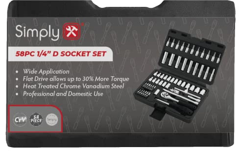 Simply TSET32 58pc 1/4 Inch Drive Socket Set with Carry Case - Multiple Use Essential Tool Set