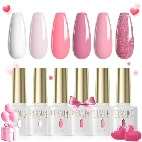 ROSALIND Vernis Semi Permanent Blanc Rose Clair Rose Néon Rose Rose Pailleté 6 Couleurs Vernis à Ongles Gels Semi-permanents UV LED Soak Off Gel Nail Polish French Manucure Kit
