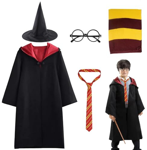 WELLXUNK Uniforme Gryffondor Robe Costume de Magicien, Cape, Cravate, Echarpe, Baguette, Lunettes noires rondes, Chapeau de sorcier, Costume de Cosplay pour Enfant