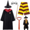 WELLXUNK Costume de Magicien, Déguisement Adulte Enfant avec Cape, Cravate, Echarpe, Baguette, Lunettes noires rondes, Chapeau de sorcier, Baguette, Costume de Cosplay pour Halloween Fête Carnaval