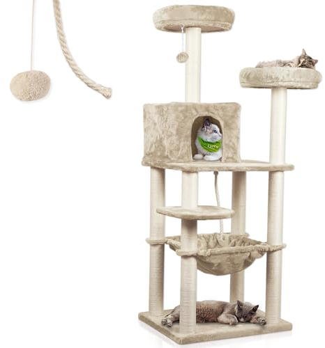 Lycce Kratzbaum groß Royal 145 cm hoch mehrstöckiger Katzenbaum inkl. 10 Kratzsäulen mit vollständiger Sisalumwicklung, Höhle, Hängematte, 4 Plattformen, Plüschball, beige, sehr stabil, platzsparend