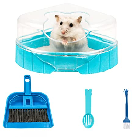 Sandbad Set für Hamster, Hamster Ecktoilette mit Dach Hamster Klo Hamster Badezimmer Badewanne inkl. Sandschaufel und Mini Besen Set für Hamster Rennmaus Mäuse (Blau)