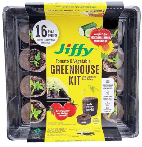 Jiffy 50mm Seed Starting Tomato & Vegetable Greenhouse Kit with 16 Plant-based Expanding Peat Pellets + Bonus SUPERthrive & Plant Labels