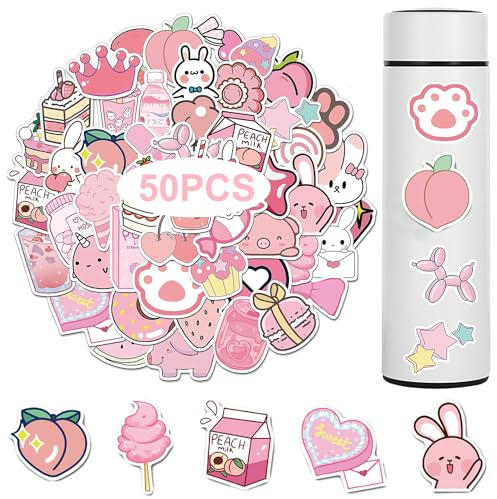 Rosa niedliche Aufkleber, 50 Stück, wasserdicht, selbstklebend, Kawaii-Aufkleber, trendig, coole Aufkleber für Laptop, Auto, Scrapbooking, Skateboard, Computer