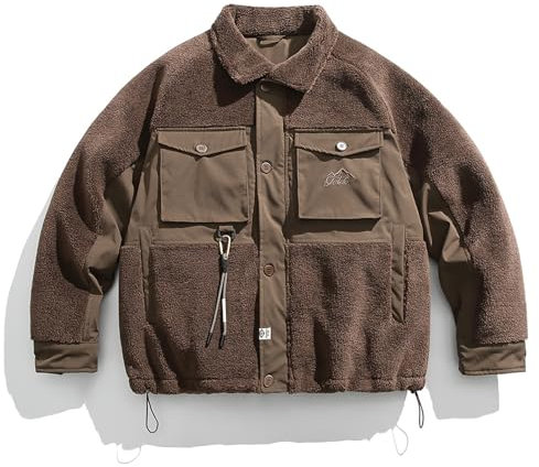 CUTTE Herren-Daunenjacke Winter-Pufferjacke Retro-gesticktes Lammhaar Große Tasche Arbeitskleidung Verdickte Manteljacke Oberbekleidung,Brown,XXL