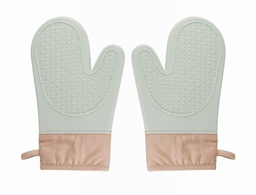 1 Pair Silicone Oven Gloves, Heat-Resistant Oven Gloves, Kitchen Gloves, Thickened Non-Slip Twill Gloves, Soft Lining with Hanging Loops, for Cooking (Mint Green, 11 Inches)