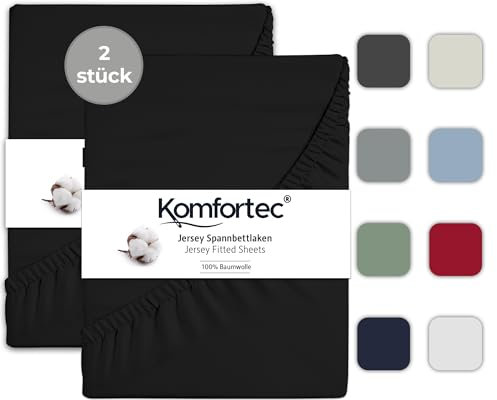 Komfortec Spannbettlaken Jersey 2er Set 100% Baumwolle – 90x200 cm – Weich, Atmungsaktiv & Hautfreundlich – Mit Rundumgummi – Oeko-Tex Zertifiziert – Für Boxspring, Topper & Matratzen – Schwarz