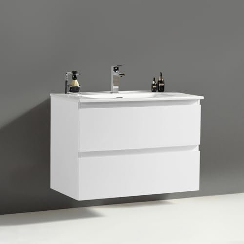 Alpenberger Waschtisch mit Unterschrank 80 cm Breit | Badezimmermöbel Set | Waschbecken Gäste WC | Waschbeckenunterschrank Hängend | Badmöbel (Vivento 80 Weiß)