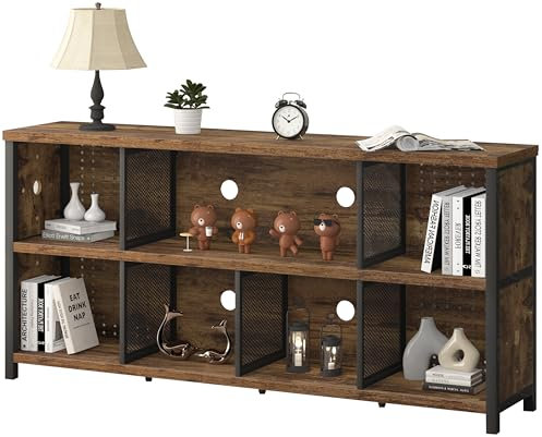 Mumdasa Bücherschrank, Bücherregal mit 2 Ebenen, Würfelregal, Standregal mit 8 offene Fächer, horizontal, für Wohnzimmer, Arbeitszimmer, Büro, Kinderzimmer, Metall, Vintagebraun, 34T x 160B x 76H