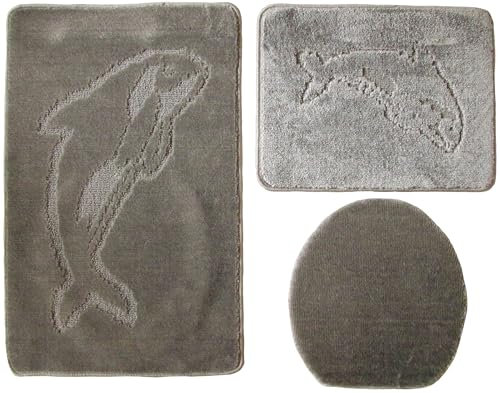3- teiliges Badvorleger Set Ilkadim Export mit Delphin Muster, Bad Teppich 55cm X 85cm ohne Auschnit gerade für Hänge WC (Grau)