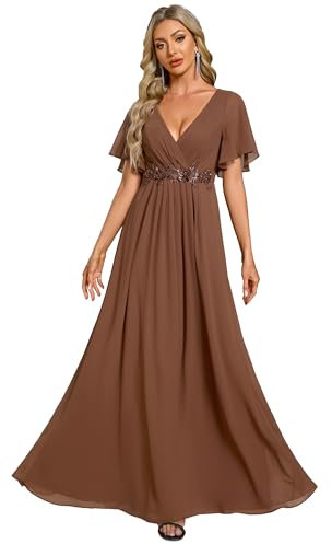 Ever-Pretty Women's Chiffon V Neck Short Sleeves Appliques Prom Evening Dresses Brown 18UK