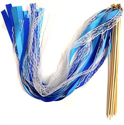 Blausky 30 Stück Feenstäbe,Spitze Ribbon Zauberstäbe Wedding Wands Hochzeit Luftschlangen mit Glocken,Wedding Twirling Streamers Spitzenfeenstab für Hochzeit,Weihnachten Party Urlaub Feiern,Blau