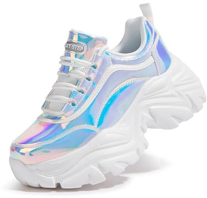 LUCKY STEP Chunky Turnschuhe für Damen, modische Plateau-Lässige Schuhe, Bequeme Keilabsatz Sneaker (Weißes Hologramm, 10US-41EU-8UK)