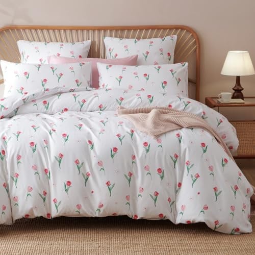Tospass Weiß Bettwäsche 200x220 cm Mädchen - Rosa Blüten Bettwäsche aus Microfaser, Sicherer und kuscheliger Bettwäsche Set Bettbezug mit Reißverschluss und 2 Kissenbezug 80x80 cm