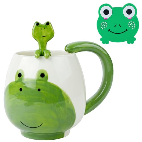 AOOTE Animal Cute Frog Coffee Mug,400ml Frogs Ceramic Mug Tea Milk Cup,Frog Coffee Mug with Spoon and Frog Coaster,Ceramic Novelty Coffee Cup,Cute Coffee Tea Mug Gifts for Women Men Birthday