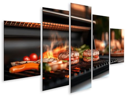 islandburner Prime Bild auf Leinwand Burger auf dem Grill mit Flammen und Gemüse für Küche Grillmeister Imbiss Bilder Wandbilder Poster