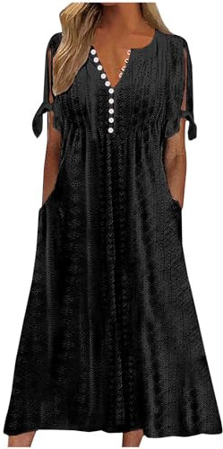 KUIH Summer Dresses for Women UK Loose Casual Maxi Dress Short Sleeve V Neck Tunic Flowy Pleated Beach Sundress Plus Size Ladies Boho Dress Holiday Essentials A Line Bridesmaid Dresses