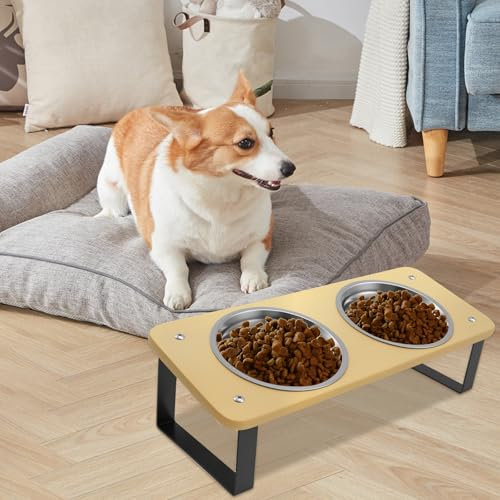 Double Pet Food Bowls,Stainless Steel Cat&Dog Feeding Bowls with15° Tilted Wood Stand for Cats and Puppy, Raised Pet Feeding Station for Food and Water.