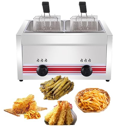 GZGHRZQS Friteuse à Gaz Simple Ou Double Cuve 10l/20l/30l en INOX - BrûLeurs IndéPendants, Double RéServoir, avec Paniers Et Couvercle, Nettoyage Facile IdéAle pour Professionnels Et Particuliers