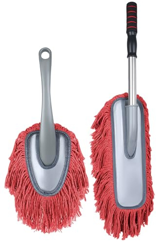 IPELY Lot de 2 grands plumeaux de voiture anti-rayures avec poignée extensible et plumeau intérieur de voiture, en coton ciré (rouge)