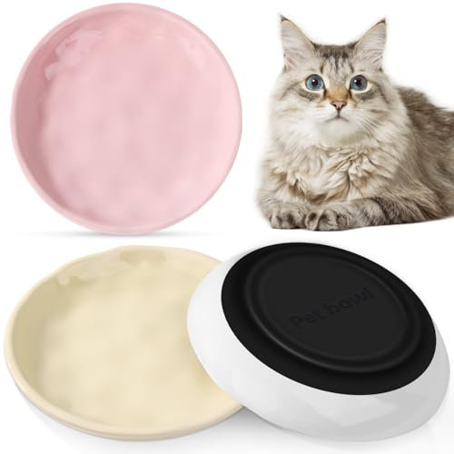 Vikcvcsc 3 Pièces Gamelle Chat Ceramique, Gamelles pour Chats avec Base Silicone Antidérapante, Gamelle Colorée pour Chat, Bols Plats pour Petits Animaux