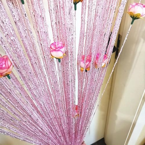 YKAFADE Fadenvorhang 2 Stück 100x200cm Dekorative Gardine Raumteiler Dekoration mit Rosen Blumen Türvorhang Fliegenschutz Hochzeit Fadengardine Glitzer schön für Party,Café,Restaurant,Rosa