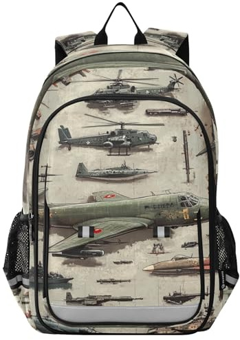 Glaphy Green Planes Helicopters Tanks Backpack Lightweight Bookbag Laptop Backpack College School Bag for Teen Boys and Girls with Reflective Stripes