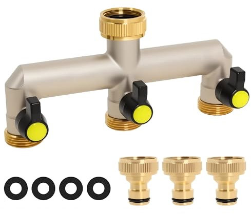 Elecbee Répartiteur Deau 3/4 en Laiton 3 Voies, Robinet Distributeur Eau Jardin 3 Voies avec Robinet à Bille, Connecteur Tuyau Arrosage pour Régler et Fermer Le Débit d'eau pour Famille, Jardin