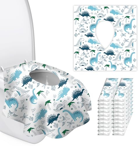 Einweg-WC-Sitzbezüge für Kinder, Kleinkinder und Erwachsene, extra groß, wasserdicht, einzeln verpackt, Reisezubehör, tragbares Töpfchentraining in öffentlichen Toiletten, Reisen, Dinosaurier, 20