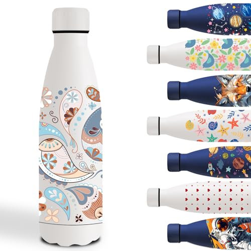 Gourde Isotherme, 500ml Gourde Enfant, Facile à Nettoyer, Gourde Personnalisée avec Motif, Gourde Sport, Facile à Transporter, Bouteille d'eau anti Fuite, pour l'École, Bureau, Voyage, Sports, Blanc