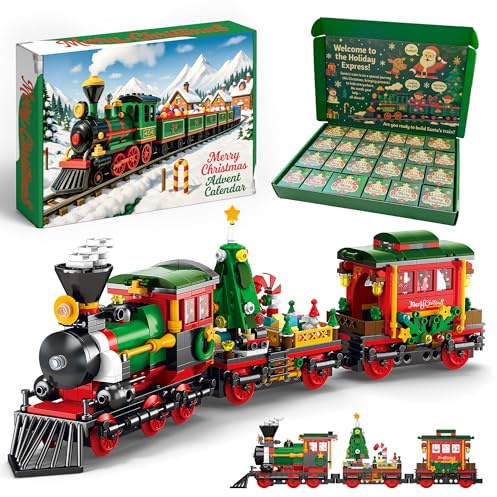 Rubypop Eisenbahn Adventskalender 2026 –24 Tage Baustein Set mit Zug | Weihnachts Countdown Konstruktionsspielzeug Geschenk für Kinder Familien und Eisenbahn Fans