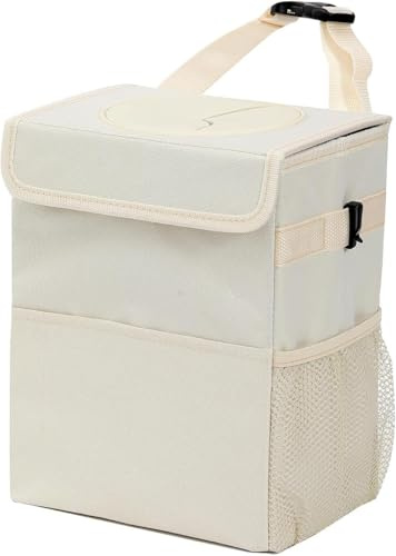 Domemit Auto Mülleimer, Auto Zubehör Innenraum Organizer Frauen Männer, Wasserdichter Camping Mülleimer Faltbar mit Deckel, Wohnmobil Gadgets Reise Essentials für Hinten und Vorne im Auto 7,5L Beige