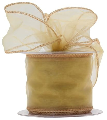Wired Organza Ribbon Roll in 30mm, 50mm & 70mm Widths – Sheer Chiffon Craft Ribbon for Christmas Tree, Wreath Making, Gift Wrapping, Bows & Wedding Decor (Gold, 70mm)