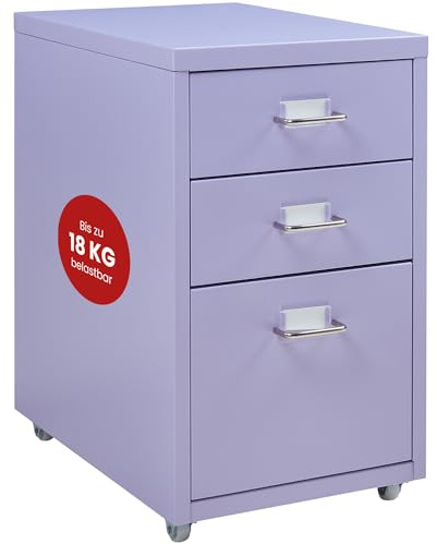 [en.casa] Rollcontainer Kökar Schubladenschrank Metall Aktenschrank mit 3 Schubladen Bürowagen mit Rollen für Arbeitszimmer 48 x 28 x 41 cm Lila