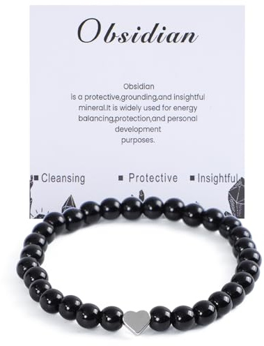 Fjquamitix Heilsteine Armband Set Damen, Rosenquarz, Obsidian, Turmalin, 4mm Naturstein Perlenarmband mit 925 Silber Herz, Yoga Meditation Schmuck Geschenkbox