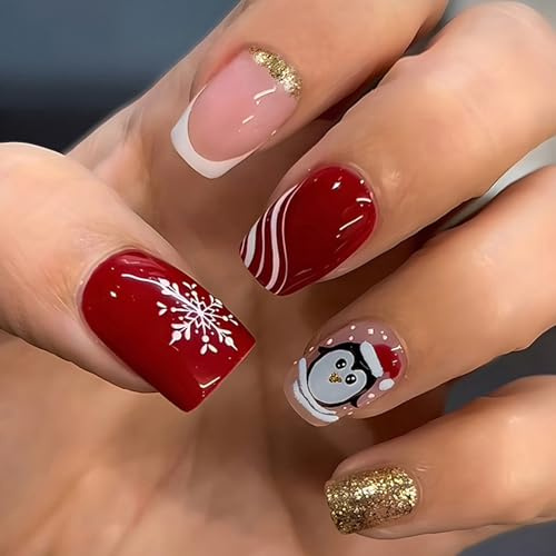 Ceboic 30 Stück Weihnachten Press on Nails Eckig, French Nägel zum Aufkleben Mittel Lang, Pinguin Schneeflocken Kunstnägel, Weiß Streifen Künstliche Nägel, Acryl Full Cover Falsche Nägel für Frauen