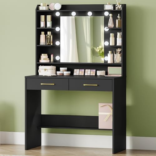Hzuaneri Coiffeuse avec Miroir et éclairage LED, 40 x 80 x 145 cm, Noir | Luminosité Réglable, Coiffeuse avec étagères et 2 Tiroirs, Table de Maquillage pour Chambre à Coucher, Salon, DT08206XEU