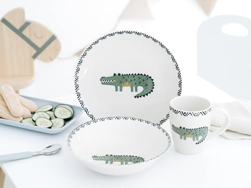 CreaTable, 25052, Serie Safari, 3-teiliges Geschirrset für 1 Personen, Kinderservice aus Steinzeug, spülmaschinen- und mikrowellengeeignet, Qualitätsproduktion