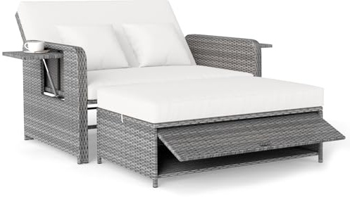 COSTWAY Rattan Lounge Sofa, Lounge Möbel Outdoor, Gartensofa mit Liegefunktion, 2-Sitzer Gartenlounge mit Kissen & Seitenablagen, Polyrattan Gartenmöbel, Balkonmöbel Kleiner Balkon (Mix Grau-weiß)