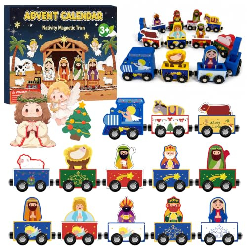 Adventskalender 2026 Holz Krippen Eisenbahn Kinder, 24 Tage Weihnachten Adventskalender Zug,Kinderspielzeug Magnetic Weihnachten Zug Holzspielzeug,Weihnachtsgeschenke für Jungen Mädchen 3+ Jahren