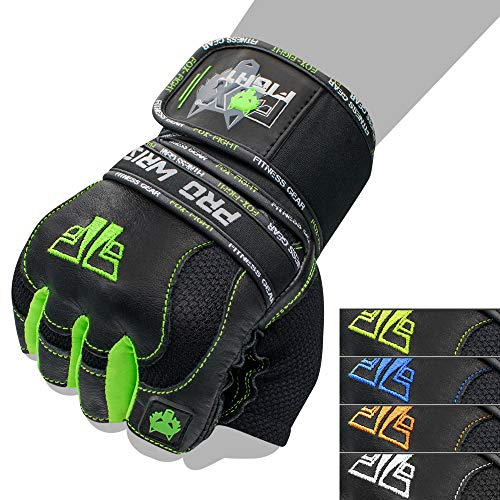 FOX-FIGHT PRO Wrist Green Fitness Kraftsport Leder Trainings Handschuhe Trainingshandschuhe Handgelenkbandage Kraftsporthandschuhe Krafttraining Gewichtheben Bodybuilding Damen Herren Fitnessstudio L