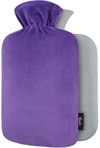 Bouillotte avec Housse Polaire - Housse Premium Douce et Molletonnée - Grande Capacité 1,8 L - Bouillotte Eau Chaude pour Soulagement de la Douleur, Dos, Cou et Épaules - Violet