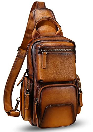 IVTG Umhängetasche aus echtem Leder, lässig, Wandern, Tagesrucksack, Vintage, handgefertigt, Brusttasche, Schulter-Rucksack, Motorradrucksack, Braun, Medium, Sling-Rucksäcke