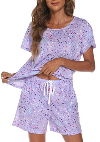 ENJOYNIGHT Women's Pyjama Sets Cotton Printed Nightwear Summer Pjs Set | 2 Piece Pajamas, Short-sleeved Crew Neck Top, Drawstring Shorts with Pockets, Soft Cotton Blend Fabric