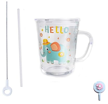 Xfeyaqlo Taza de Leche con Pajita, Reutilizable Tazas Medición Vaso Leche con Tapa Resistente al calor para jugo de leche para microondas, elefante verde (Vidrio, 400ml)